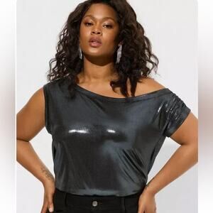 Torrid Liquid Shine Off One Shoulder Dressy Top in Silver Pewter 2X
